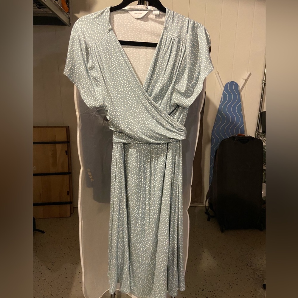 Seraphine Light Blue Polka Dot Faux Wrap Maternity Dress